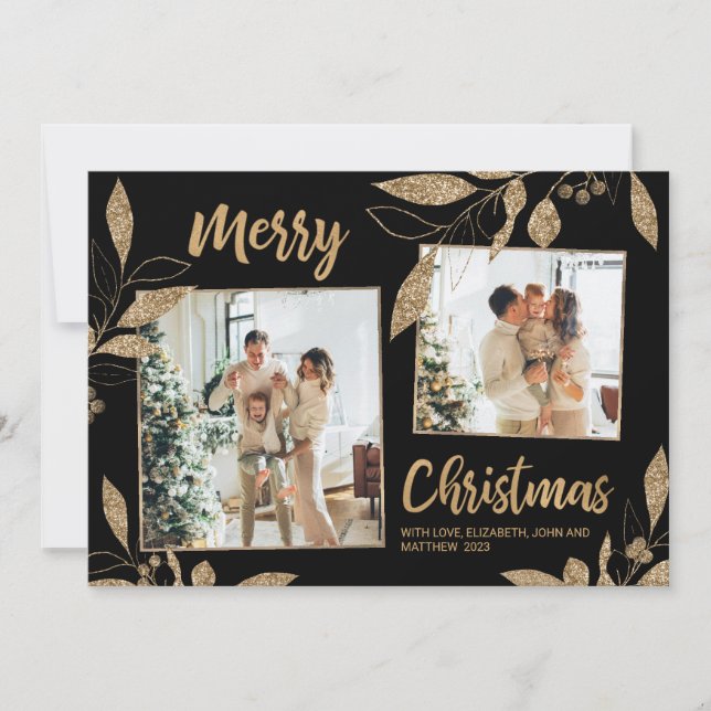 Elegant Gold Leaves 2 Photo Collage Christmas Card (Front)