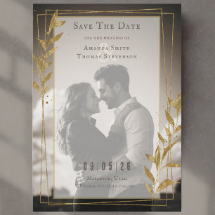 Elegant Gold Leaves Autumn Photo Wedding Save The Date