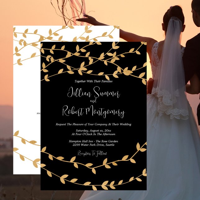 Elegant Gold Leaves Black and White Wedding Invitation (Elegant Gold Leaves Black and White Wedding Invitation with RSVP)