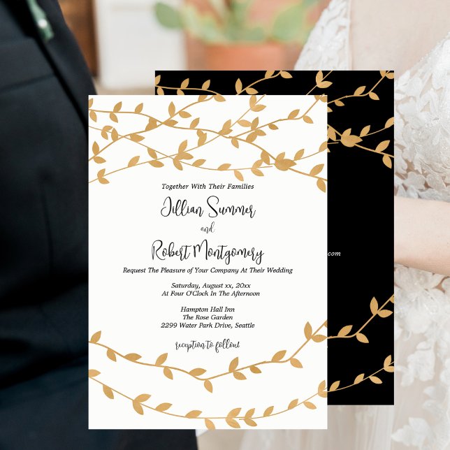 Elegant Gold Leaves Black White Wedding Invitation (Elegant Gold Leaves Black White Wedding Invitation with RSVP)