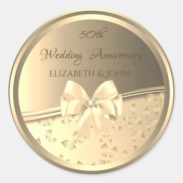 Elegant Gold Leaves,Bow Anniversary Classic Round Sticker (Front)