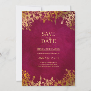 Elegant Gold Leaves Burgundy Save The Date Wedding Invitation