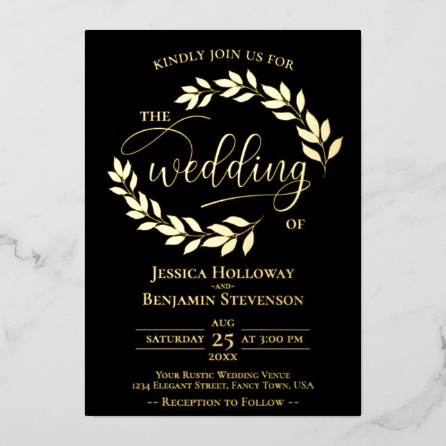 Elegant Gold Leaves on Black Classy Wedding (Front)
