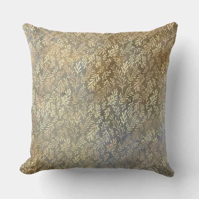 Elegant Gold Leaves Pattern Beige Blue Throw Pillow (Front)