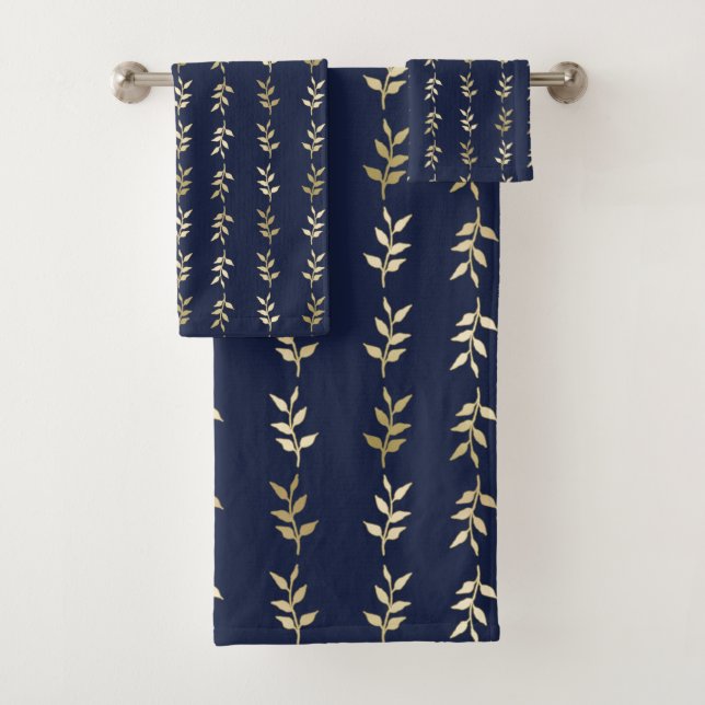 Elegant Gold Leaves Pattern On Midnight Blue Bath Towel Set (Insitu)