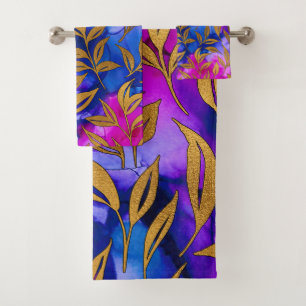 Elegant Gold Leaves Purple Blue Pattern Design Bath Towel Set