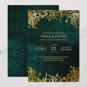 Elegant Gold Leaves Velvet Green Wedding Invitation