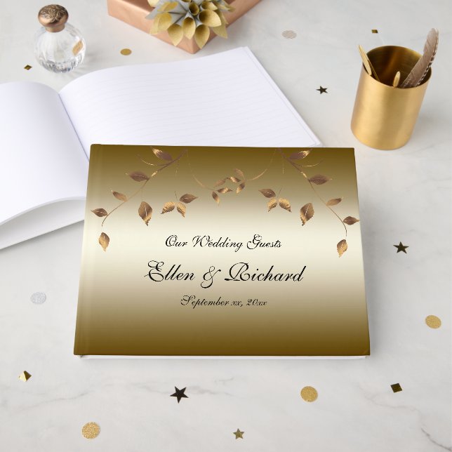 Elegant Gold Leaves Wedding Guest Book (Front Open)