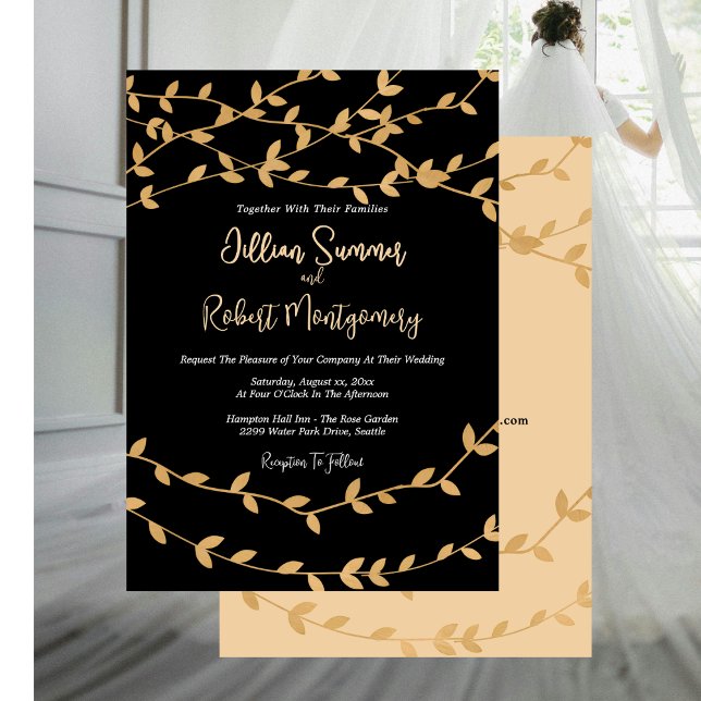 Elegant Gold Leaves with Black Wedding Invitation (Elegant Gold Leaves With Black Wedding Invitation with RSVP)