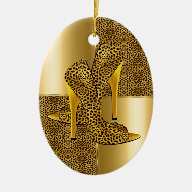 Elegant Gold Leopard High Heel Shoes Animal Ceramic Ornament (Front)