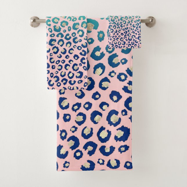 Elegant Gold leopard print Blue Mint Gradient Pink Bath Towel Set (Insitu)