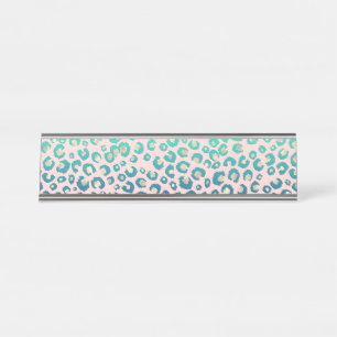 Elegant Gold leopard print Blue Mint Gradient Pink Desk Name Plate