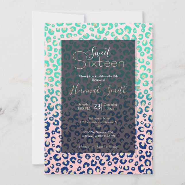 Elegant Gold leopard print Blue Mint Gradient Pink Invitation (Front)