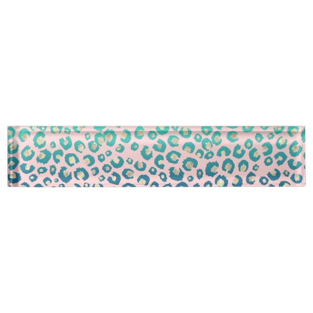 Elegant Gold leopard print Blue Mint Gradient Pink Nameplate (Front)
