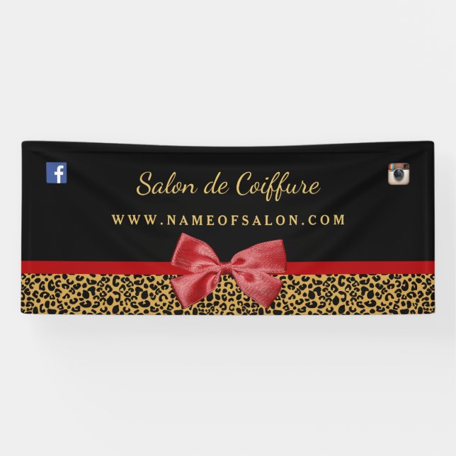 Elegant Gold Leopard Print Red Bow Hair Salon 6 ft Banner (Horizontal)