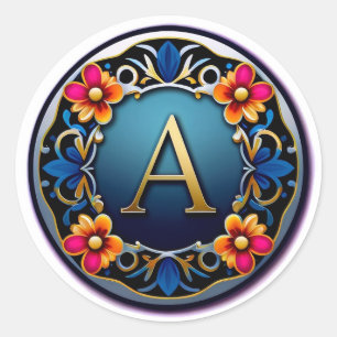 Elegant Gold Letter A Medal With Floral Wreath Classic Round Sticker