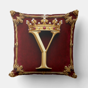 Elegant Gold Letter Crown Emblem on Velvet Frame Throw Pillow