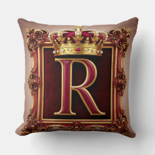 Elegant Gold Letter Crown Emblem on Velvet Frame Throw Pillow