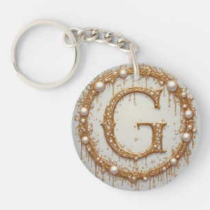 Elegant Gold Letter G Pearl Accent Gift Idea Keychain