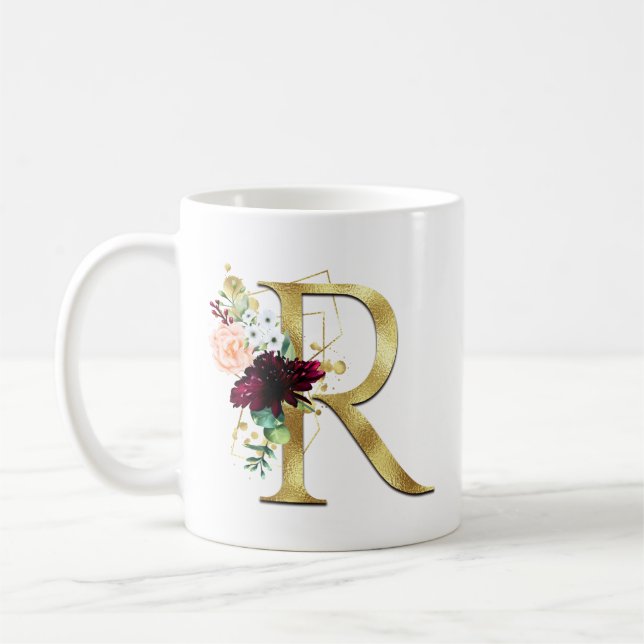 Elegant Gold Letter R Blush Floral Monogram  Coffee Mug (Left)
