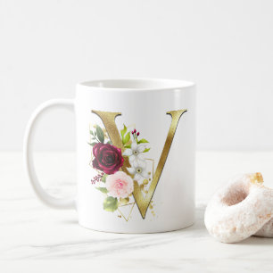 Elegant Gold Letter V Blush Floral Monogram Coffee Mug