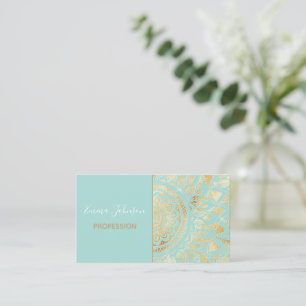 Elegant Gold Light Teal Mandala Floral Business Card