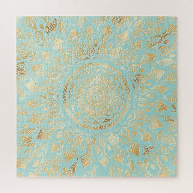 Elegant Gold Light Teal Mandala Floral Jigsaw Puzzle (Vertical)