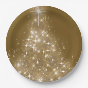 Elegant Gold Lighted Christmas Tree Paper Plate