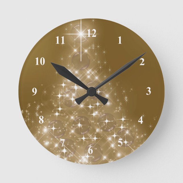 Elegant Gold Lighted Christmas Tree Round Clock (Front)