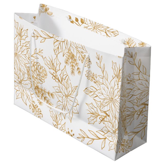 Elegant Gold Line Art Christmas Floral Large Gift Bag (Front Angled)