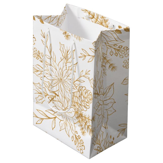 Elegant Gold Line Art Christmas Floral Medium Gift Bag (Front Angled)