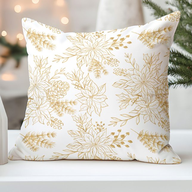 Elegant Gold Line Art Christmas Floral Throw Pillow (Creator Uploaded)