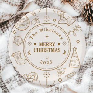 Elegant Gold Line Art Christmas Paper Plate