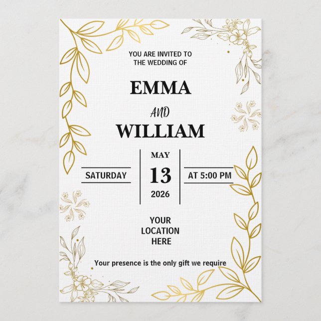 Elegant Gold Line Art Floral Frame Invitation (Front)
