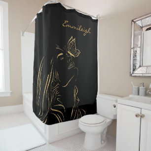 Elegant Gold Line Art Girl Woman Butterfly Black