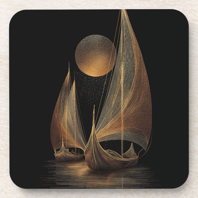 Elegant Gold Line Art Illustration of Longships Coaster (Front)
