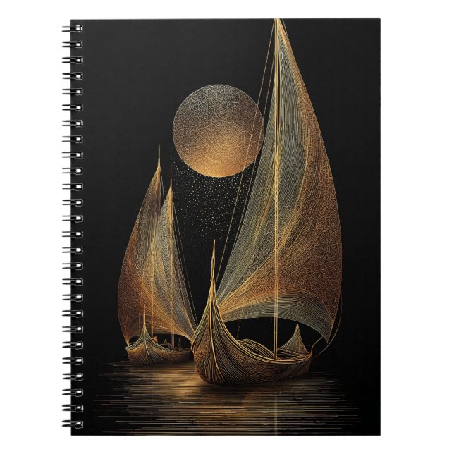 Elegant Gold Line Art Illustration of Longships Notebook (Front)