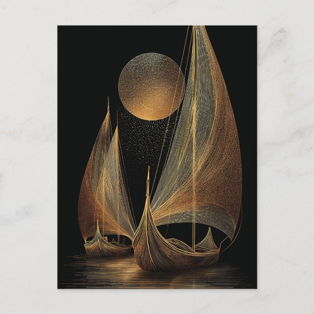 Elegant Gold Line Art Illustration of Longships Postcard (Front)