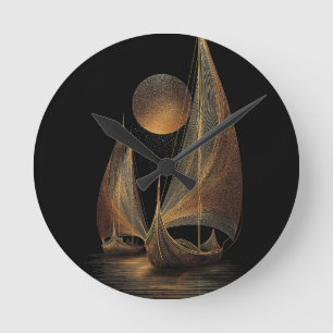 Elegant Gold Line Art Illustration of Longships Round Clock