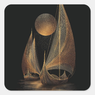 Elegant Gold Line Art Illustration of Longships Square Sticker
