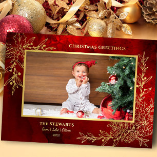 Elegant Gold Line Drawn Christmas Botanical Photo Foil Holiday Card