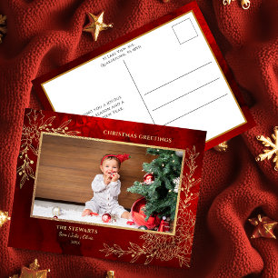 Elegant Gold Line Drawn Christmas Botanical Photo Holiday Postcard