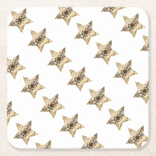 Elegant Gold Look Christmas Stars Pattern Square Paper Coaster