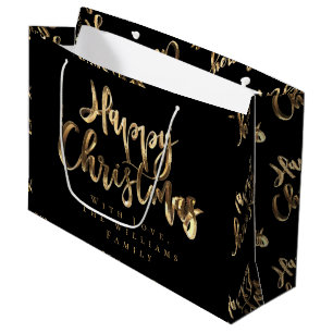 Elegant Gold Look Script Black Happy Christmas Large Gift Bag