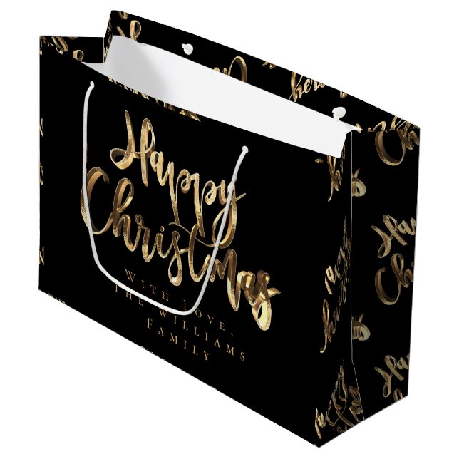 Elegant Gold Look Script Black Happy Christmas Large Gift Bag (Front Angled)