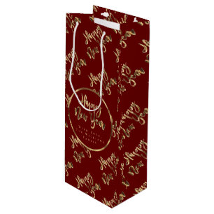 Elegant Gold Look Script Happy New Year Red Wine Gift Bag