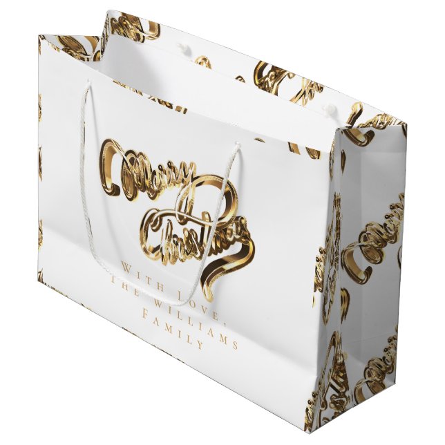 Elegant Gold Look Script Pattern White Christmas Large Gift Bag (Front Angled)