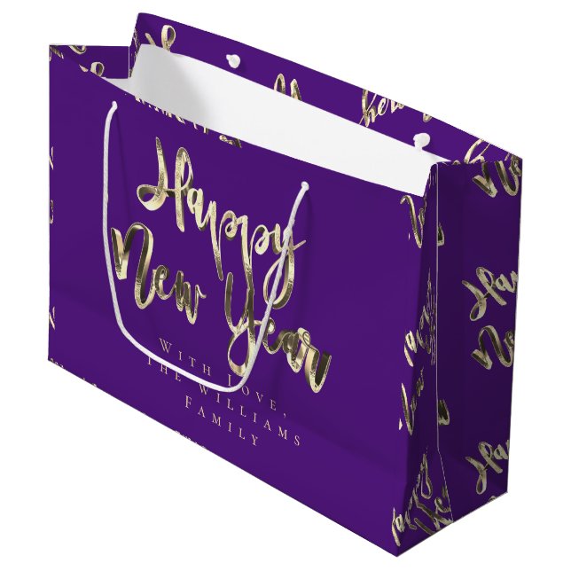 Elegant Gold Look Script Purple Happy New Year Large Gift Bag (Front Angled)