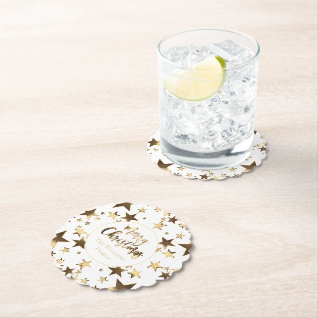 Elegant Gold Look Stars Pattern Merry Christmas Paper Coaster (Insitu)