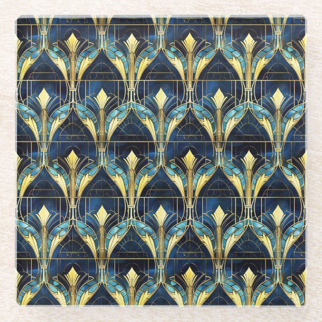 Elegant Gold Lotus Faux Stained Glass Pattern Coaster (Front)